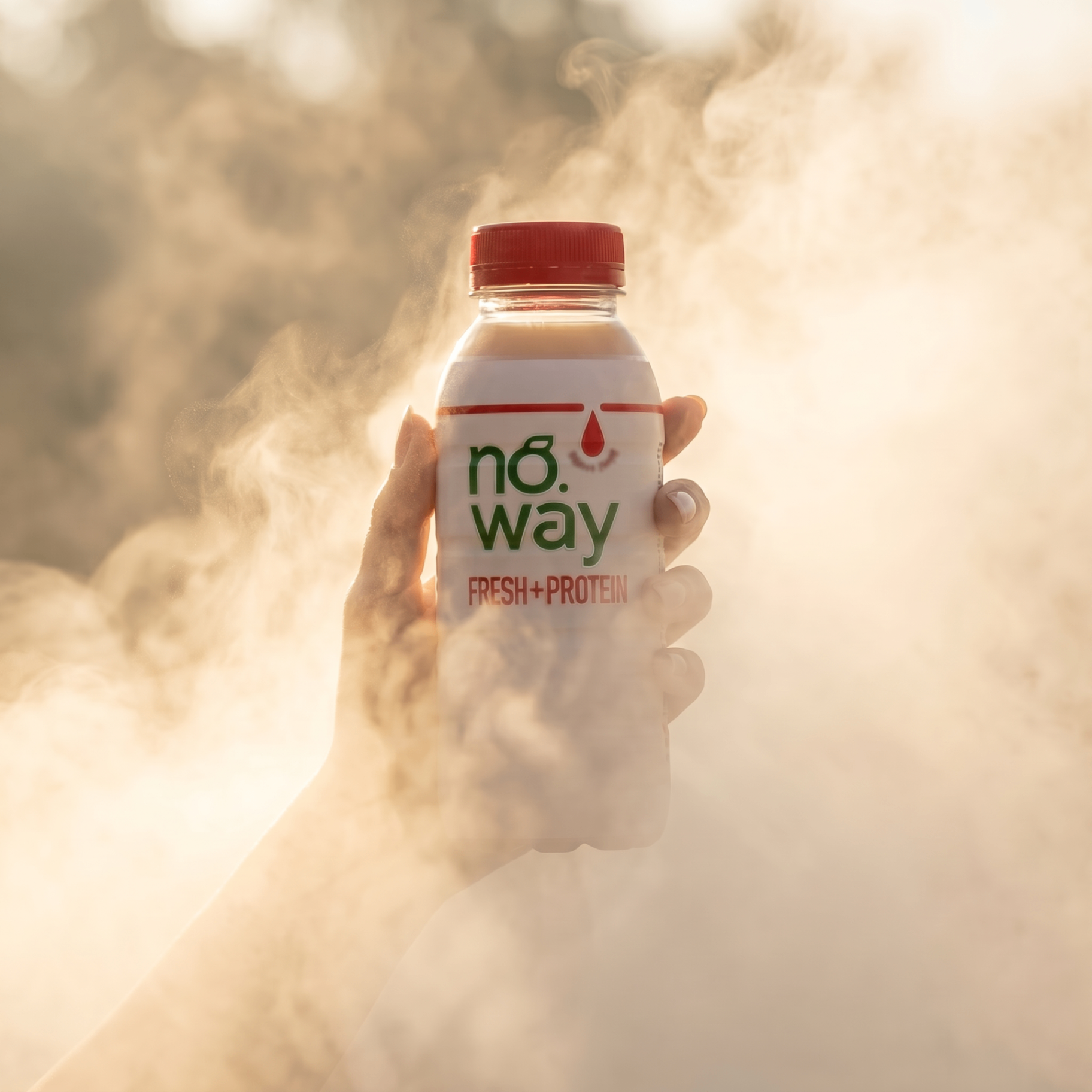 Mão segurando garrafa de Noway Fresh+Protein em meio à fumaça